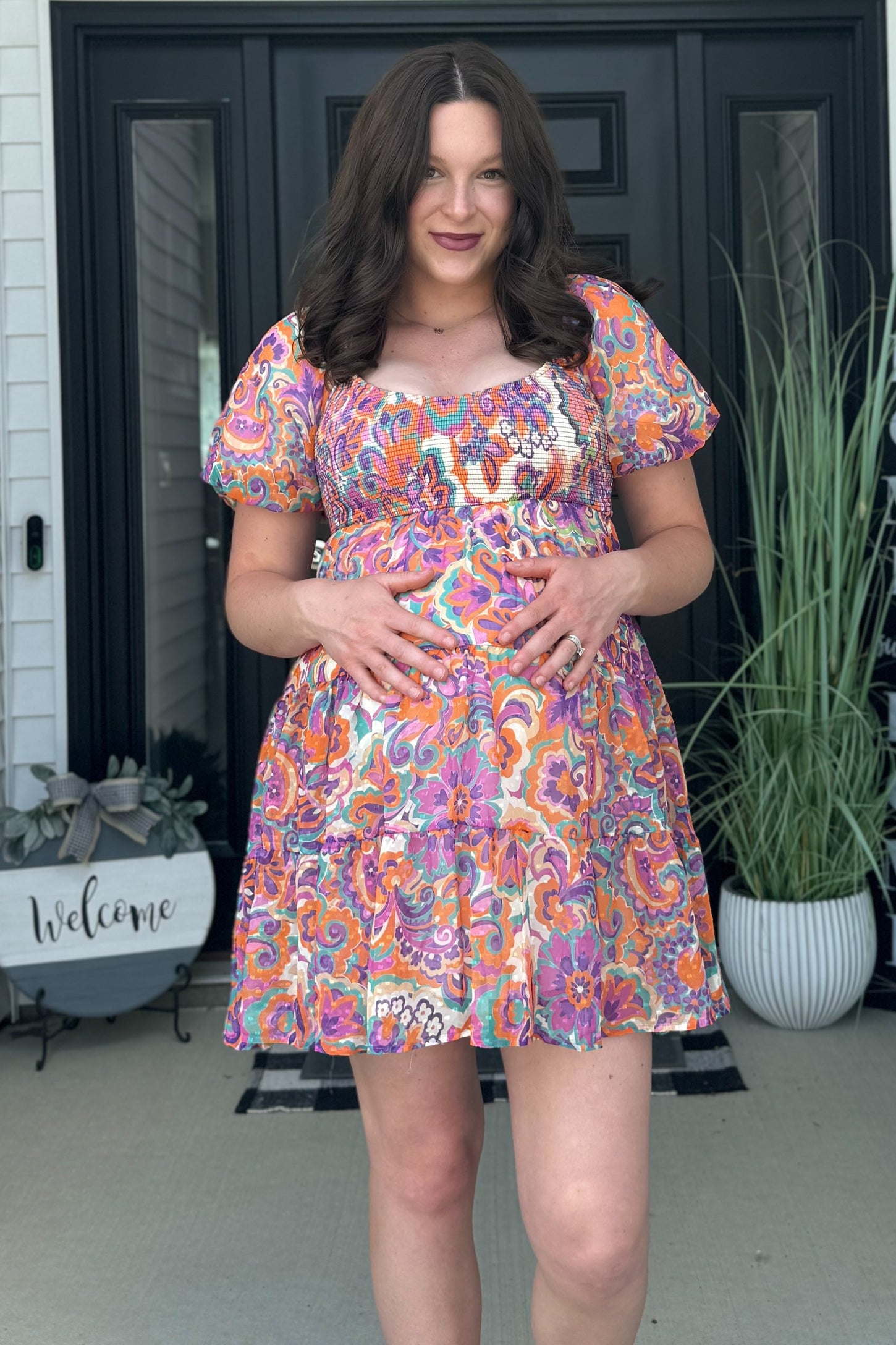 Purple Floral Chiffon Smocked Tiered Maternity Dress