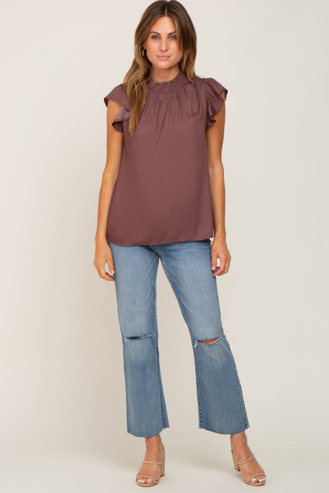 Brown Mock Neck Flutter Blouse