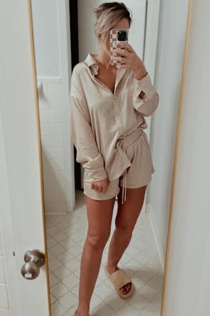 Light Taupe Button Up and Short Satin Set