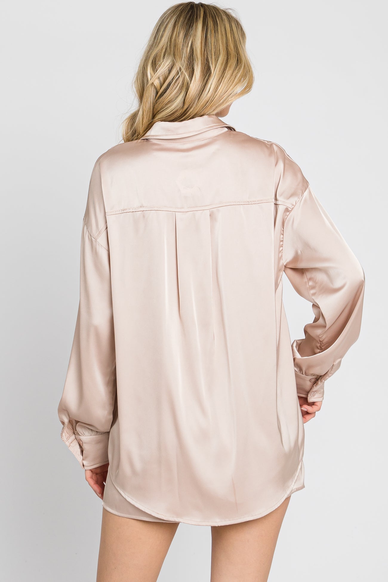 Light Taupe Button Up and Short Satin Set