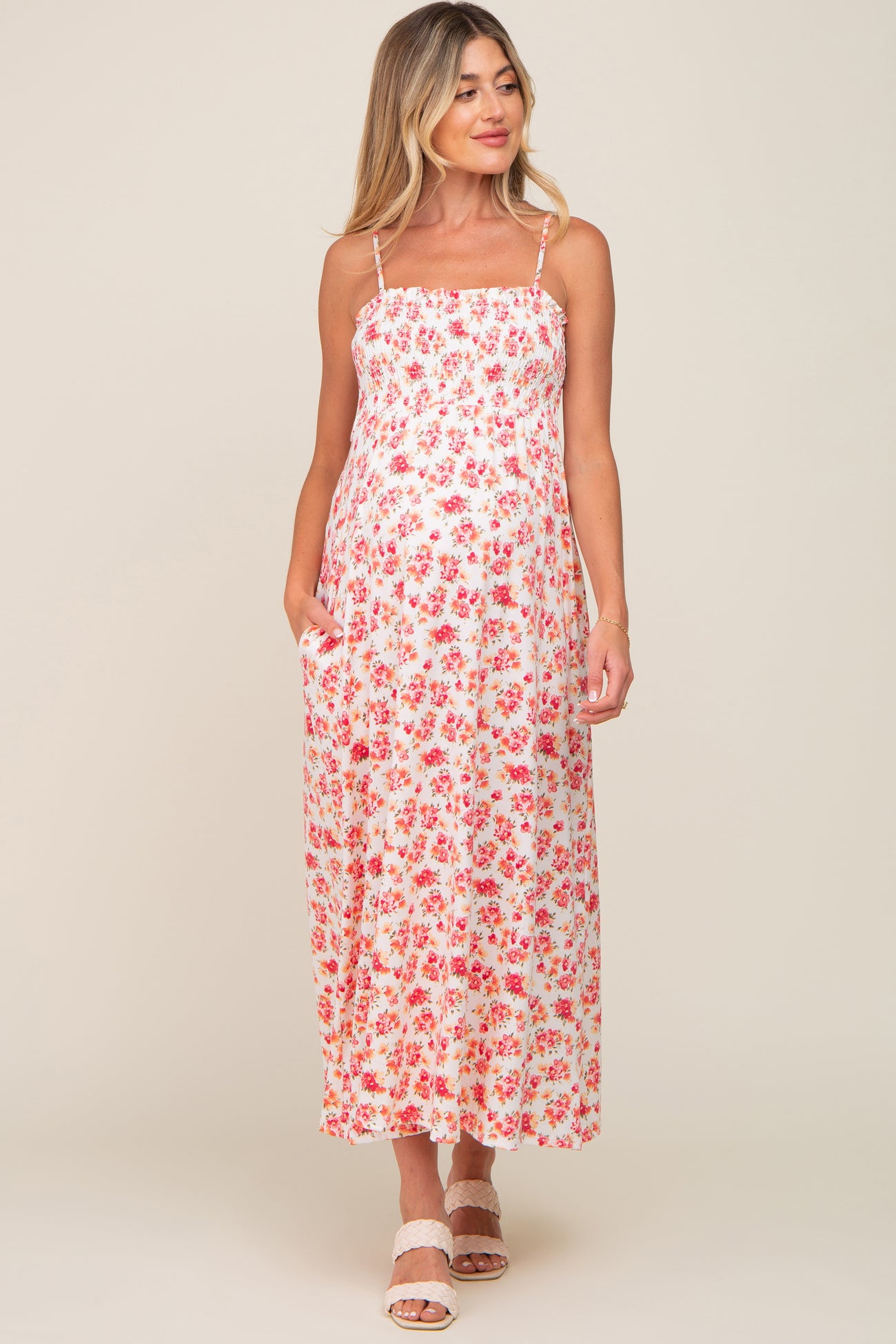 Ivory Square Neck Smocked Maternity Midi Dress
