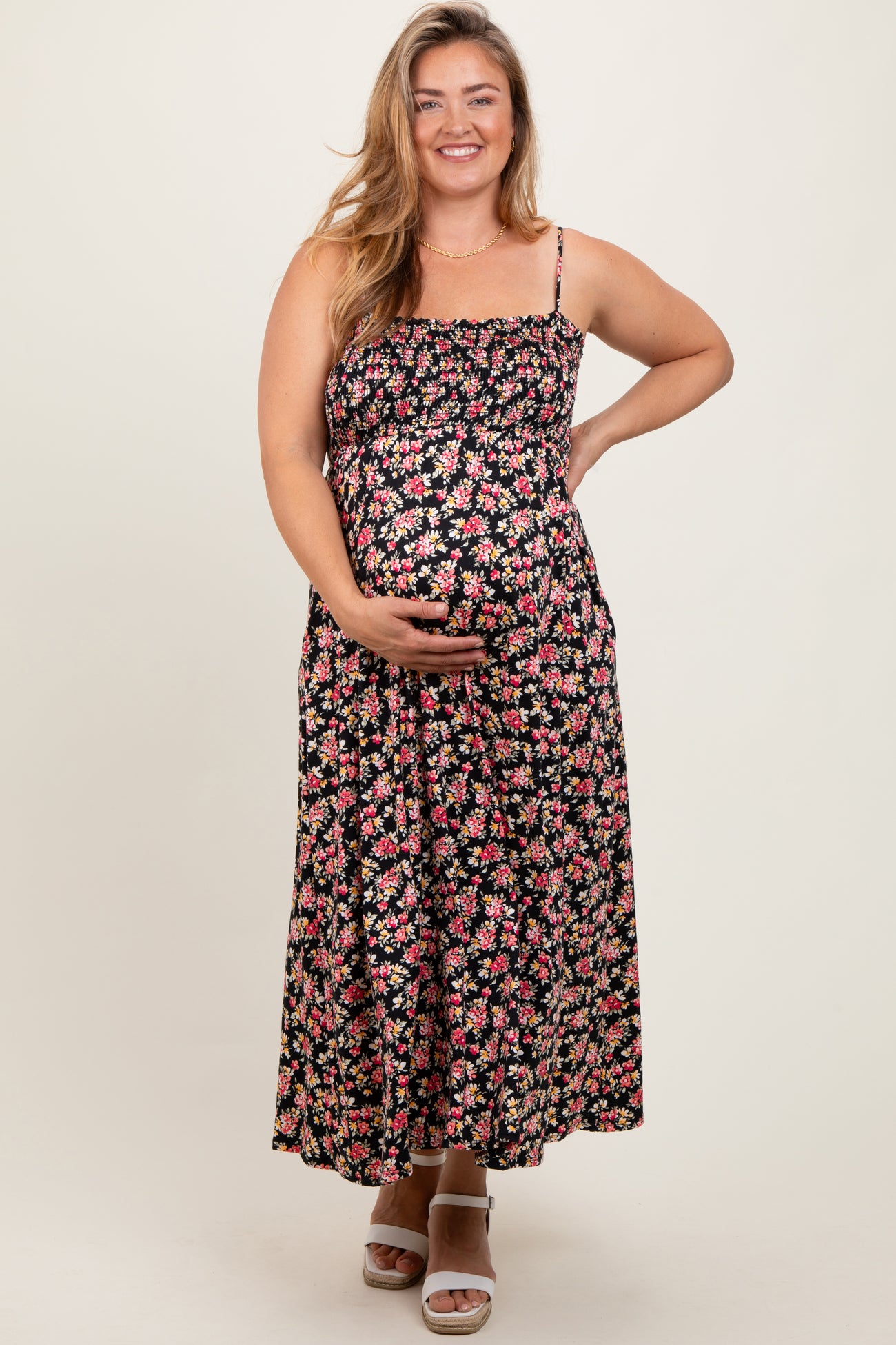 Black Square Neck Smocked Maternity Plus Midi Dress