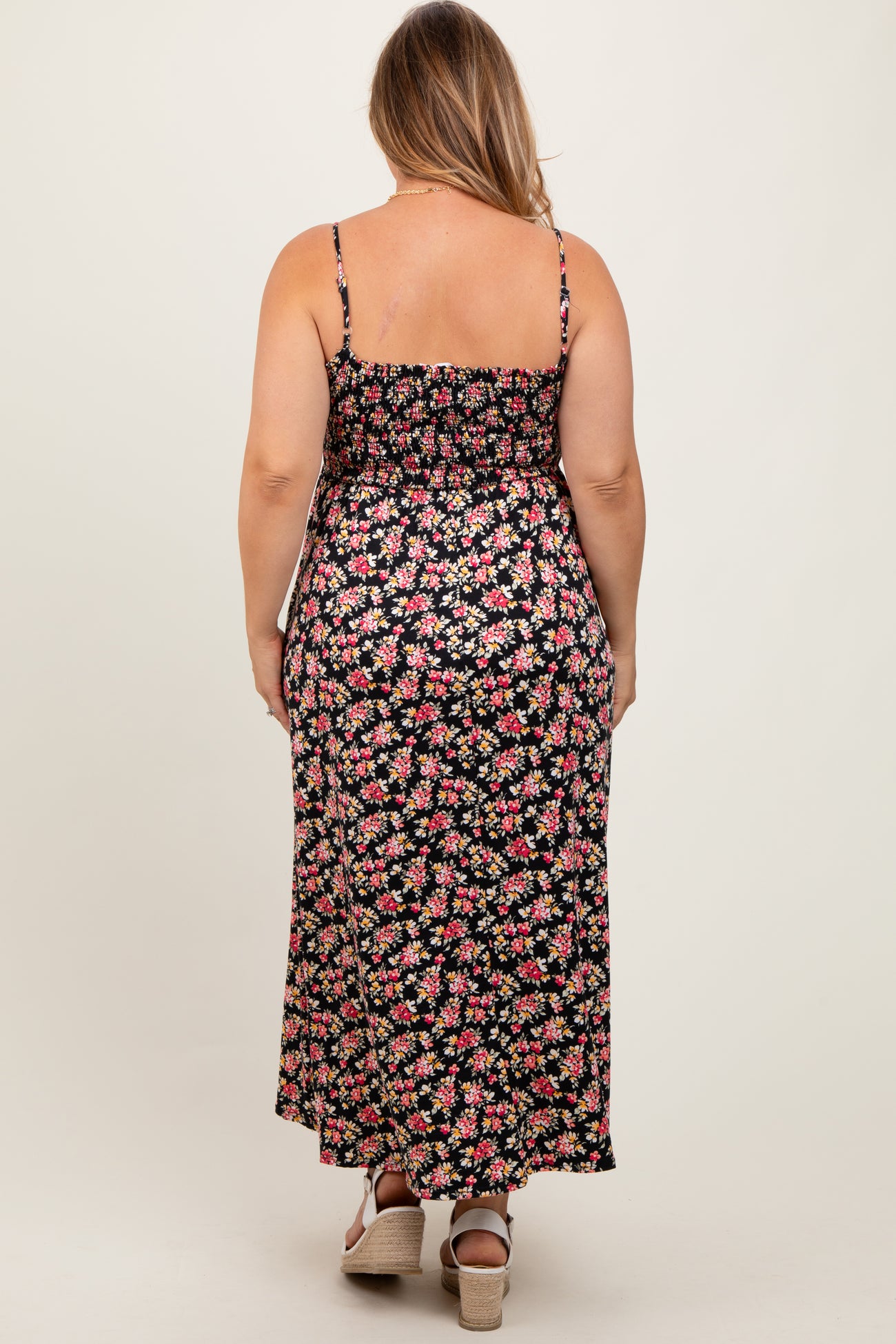 Black Square Neck Smocked Maternity Plus Midi Dress