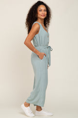 Mint Green Sleeveless Button Front Cropped Jumpsuit