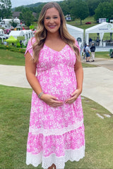 Pink Floral Pleated Eyelet Trim Maternity Midi Dress