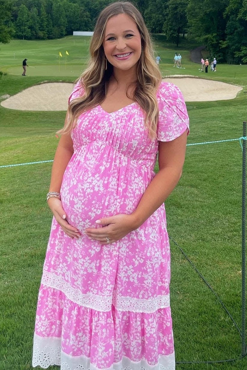 Pink Floral Pleated Eyelet Trim Maternity Midi Dress