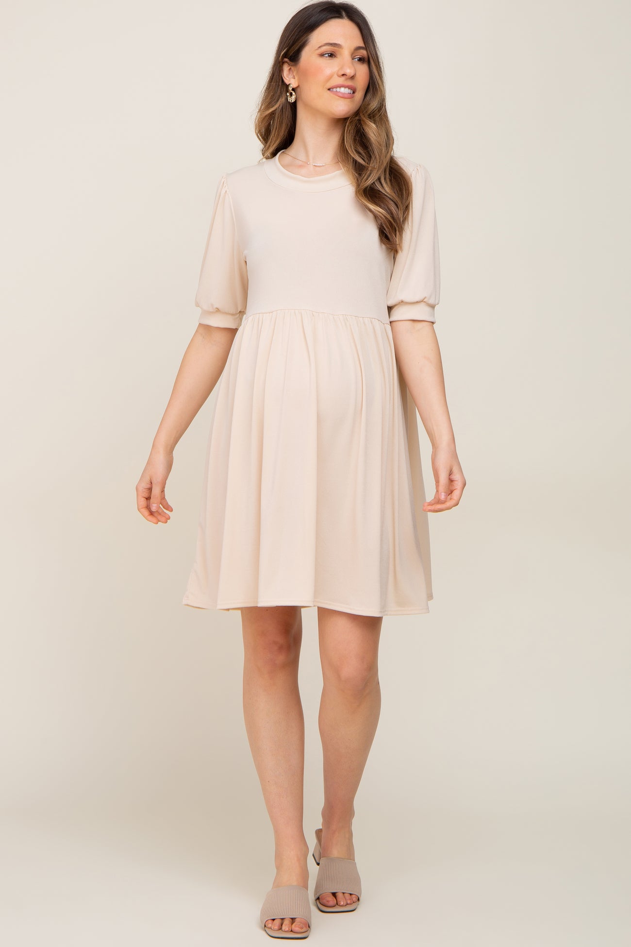 Cream High Neck Puff Sleeve Maternity Dress