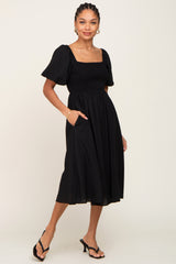 Black Smocked Puff Sleeve Maternity Midi Dress