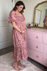Pink Floral Smocked Maternity Midi Dress