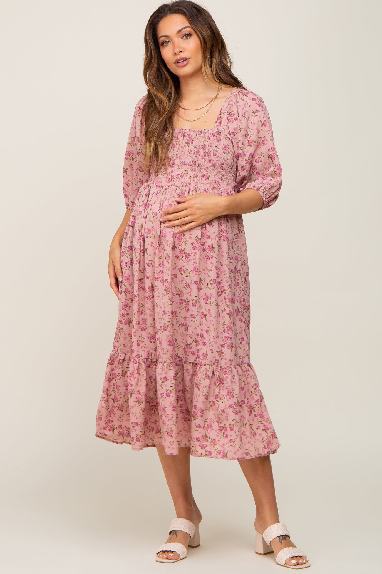 Pink Floral Smocked Maternity Midi Dress