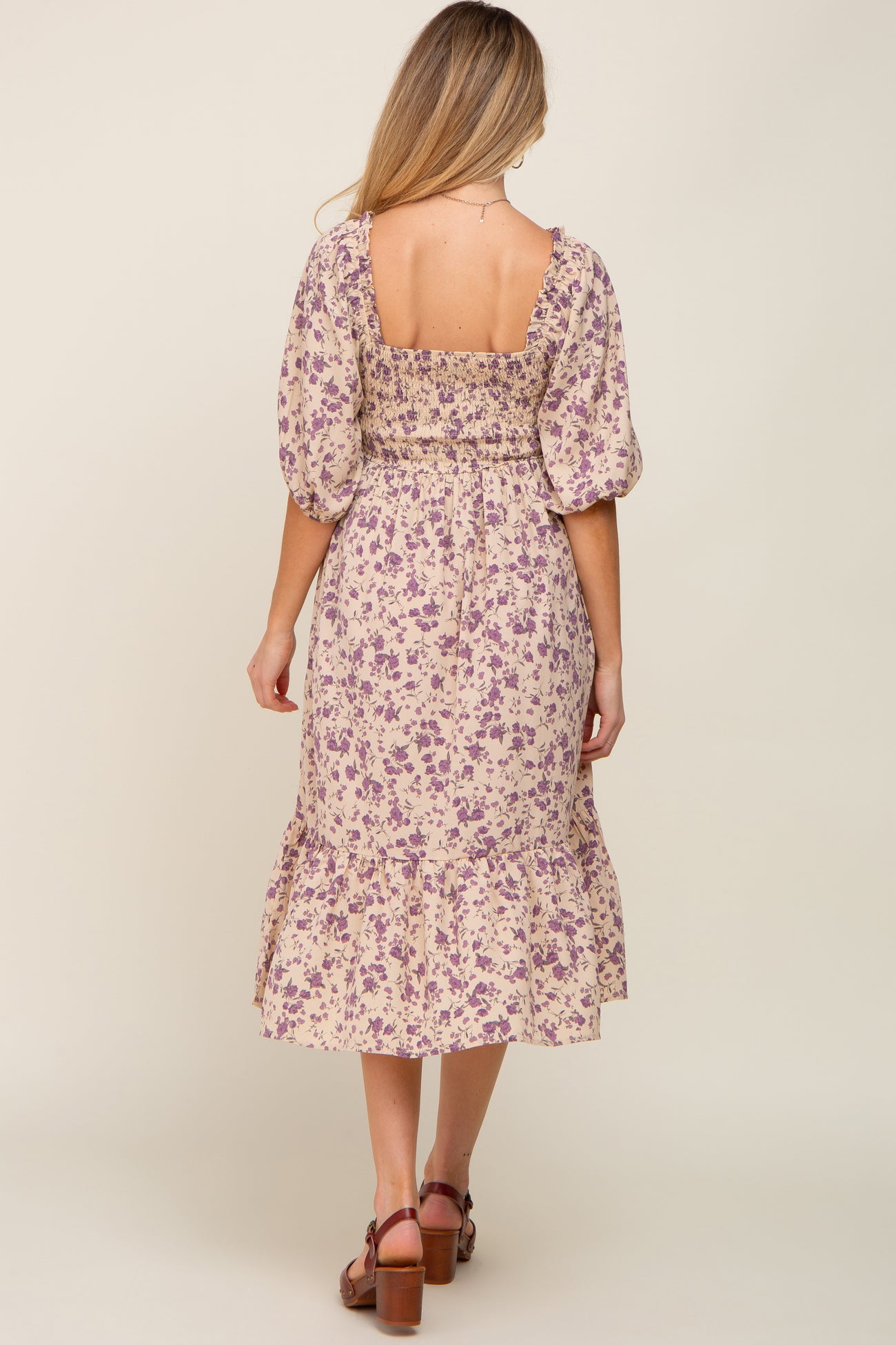 Cream Floral Smocked Maternity Midi Dress