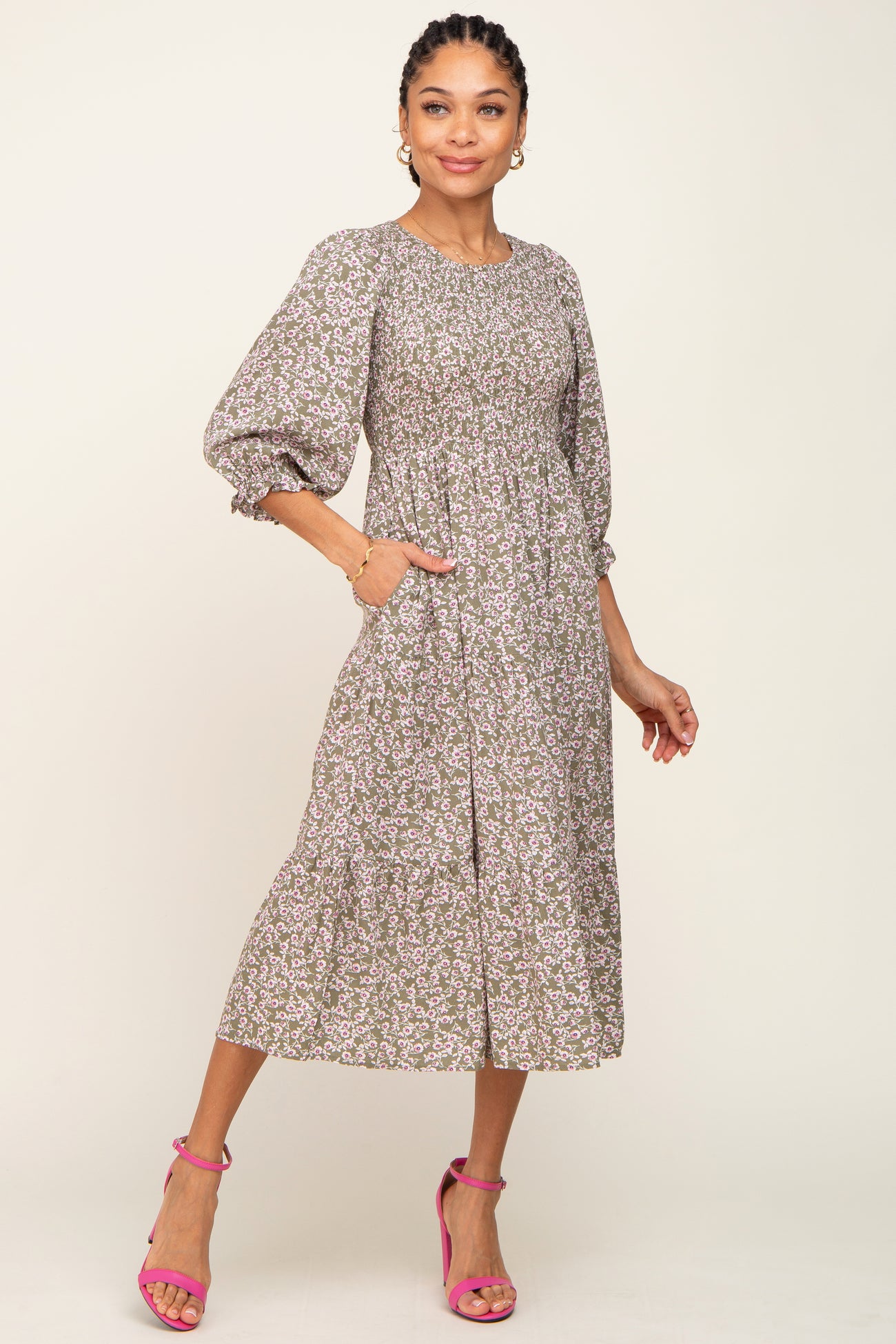 Olive Floral Smocked 3/4 Sleeve Maternity Midi Dress