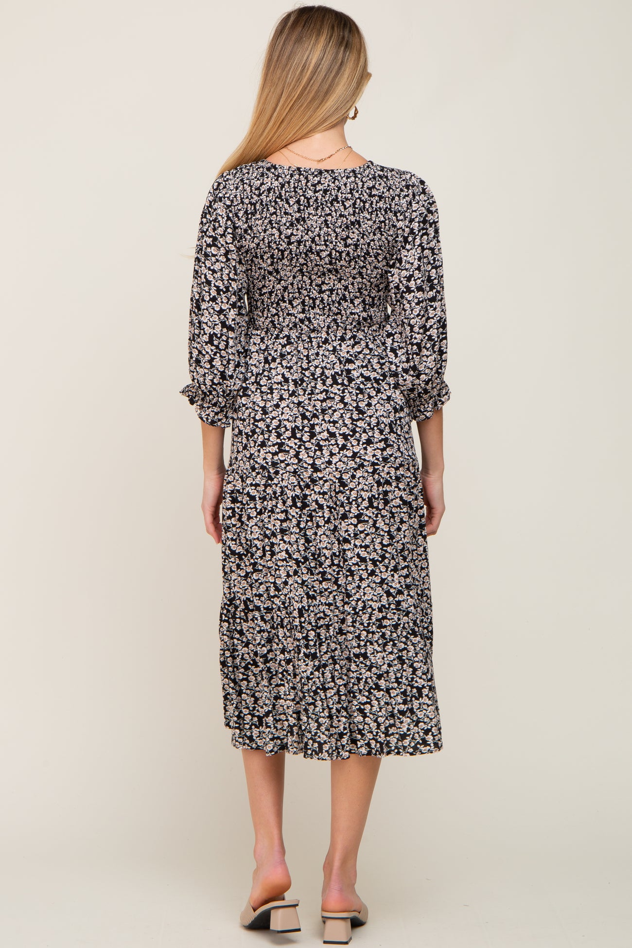 Black Floral Smocked 3/4 Sleeve Maternity Midi Dress