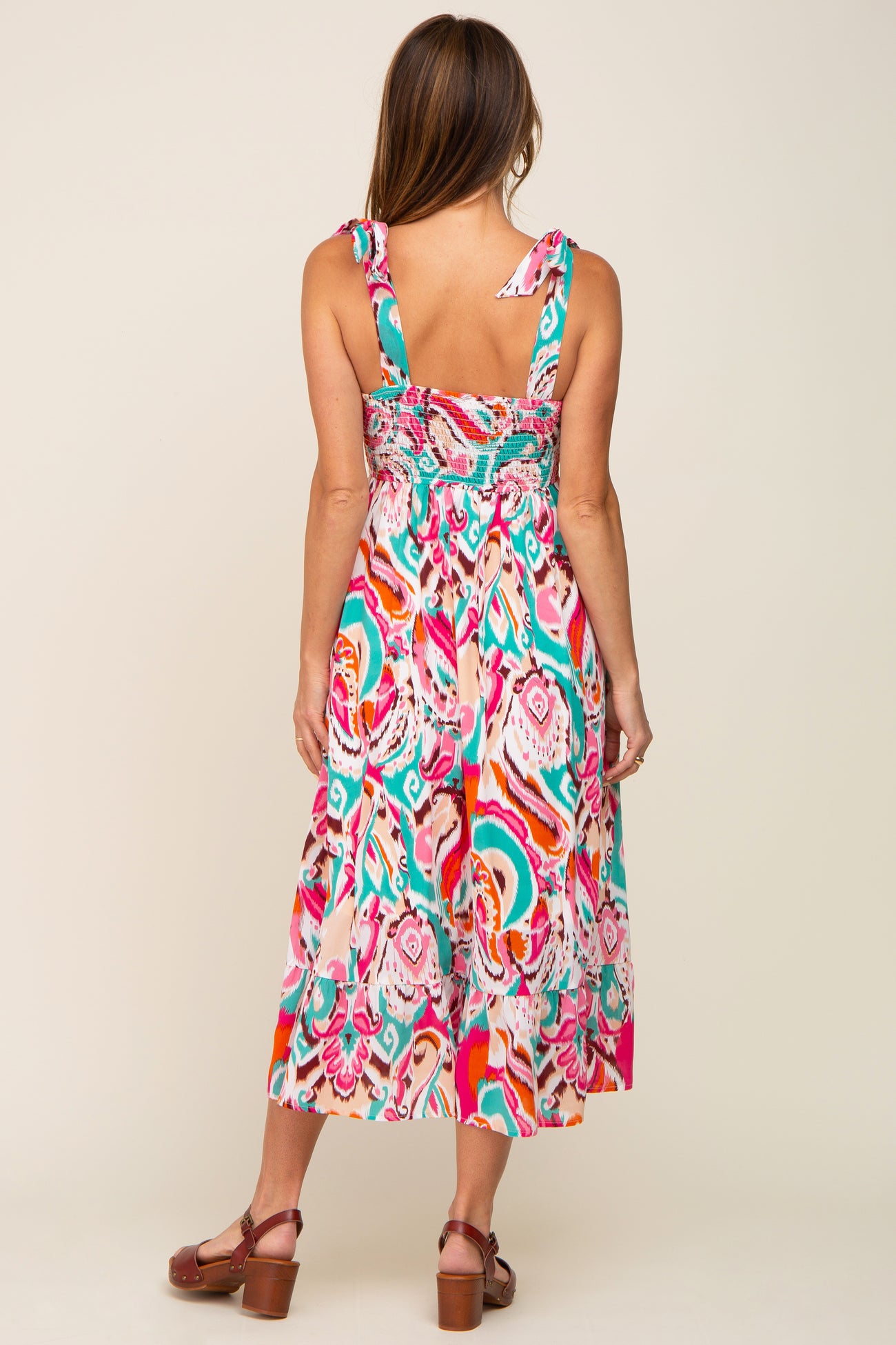 Emerald Green Printed Smocked Shoulder Tie Midi Dress