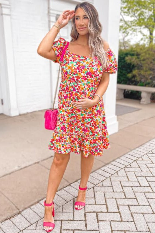 Pink Floral Square Neck Short Puff Sleeve Maternity Dress