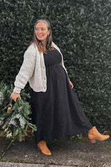 Black Gauze Smocked Maternity Midi Dress