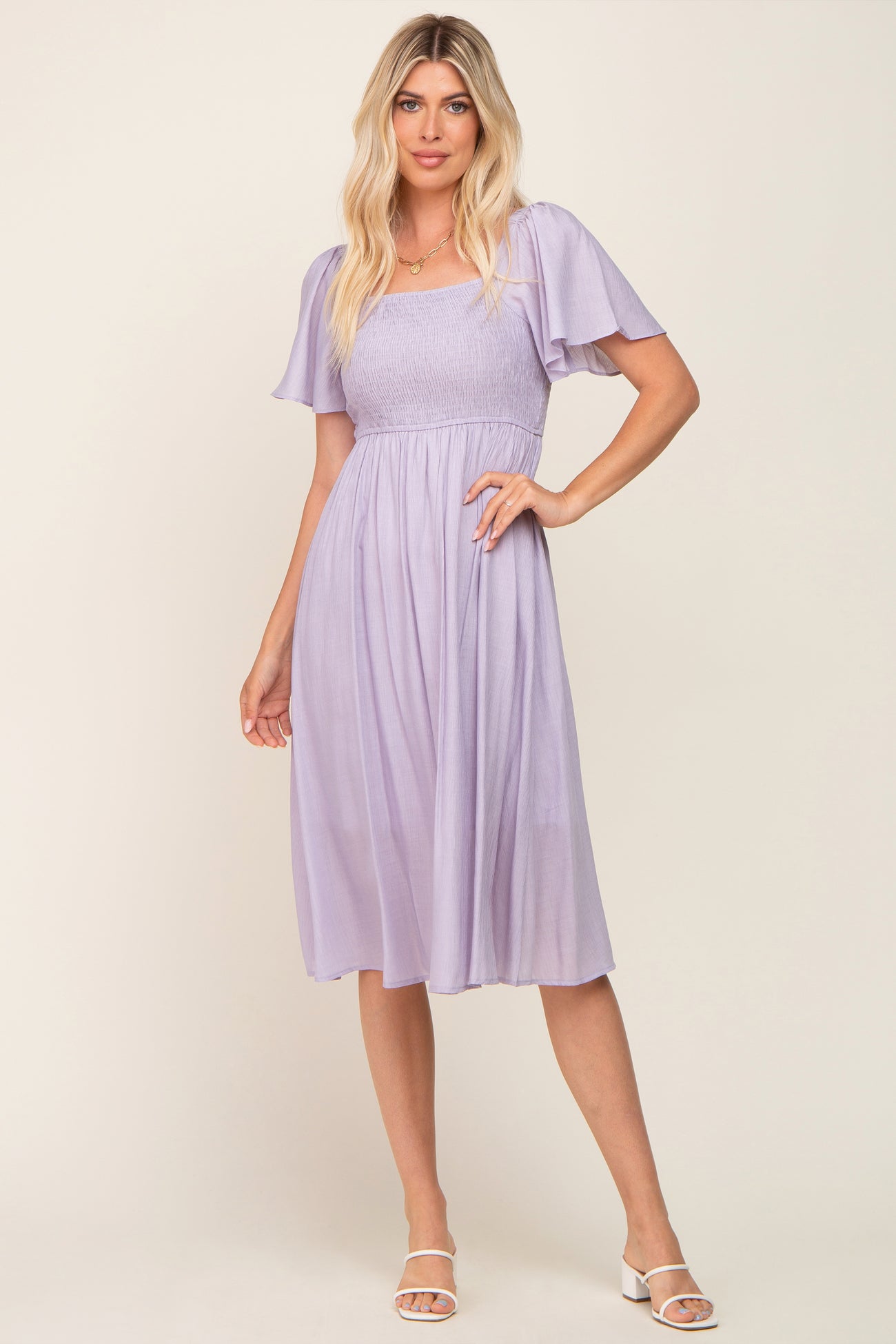 Lavender Smocked Square Neck Flutter Short Sleeve Maternity Midi Dress
