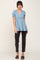 woman wearing a light blue short sleeve wrap top and black jeans with strappy sandals