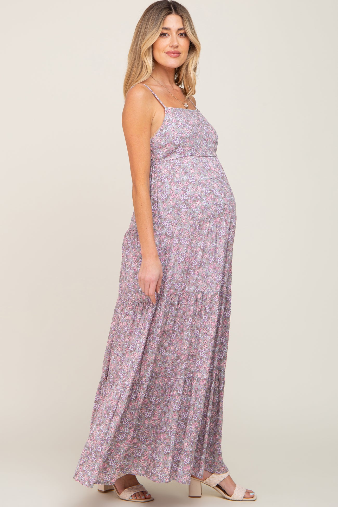 Pink Floral Tiered Maternity Maxi Dress