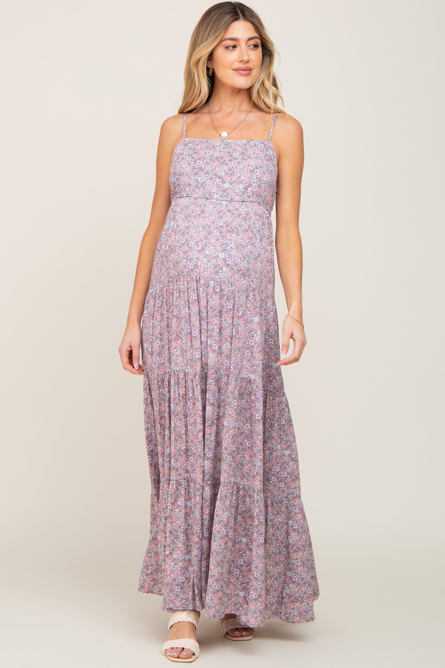 Pink Floral Tiered Maternity Maxi Dress