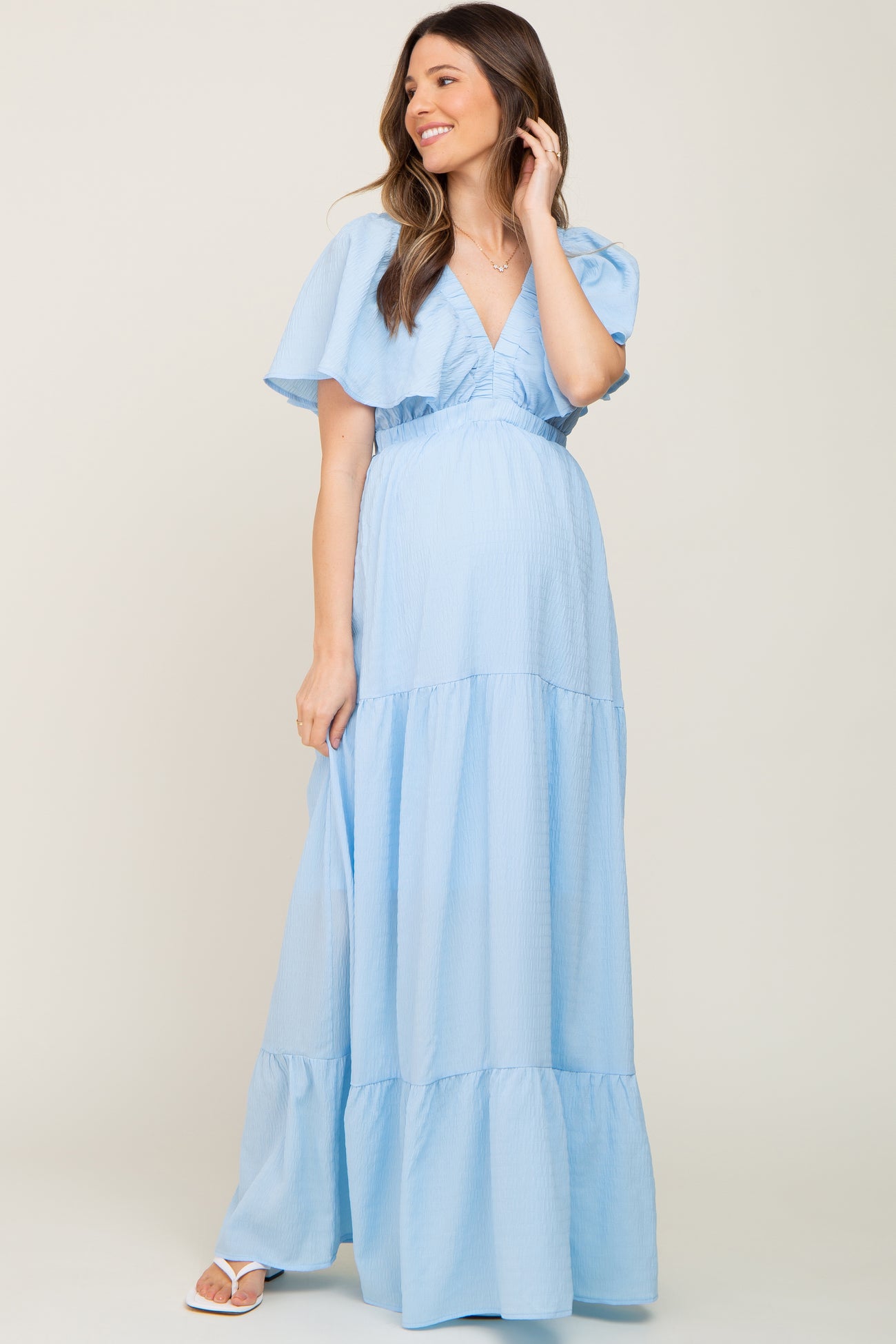 Light Blue Crepe Flounce Sleeve Tiered Maternity Maxi Dress