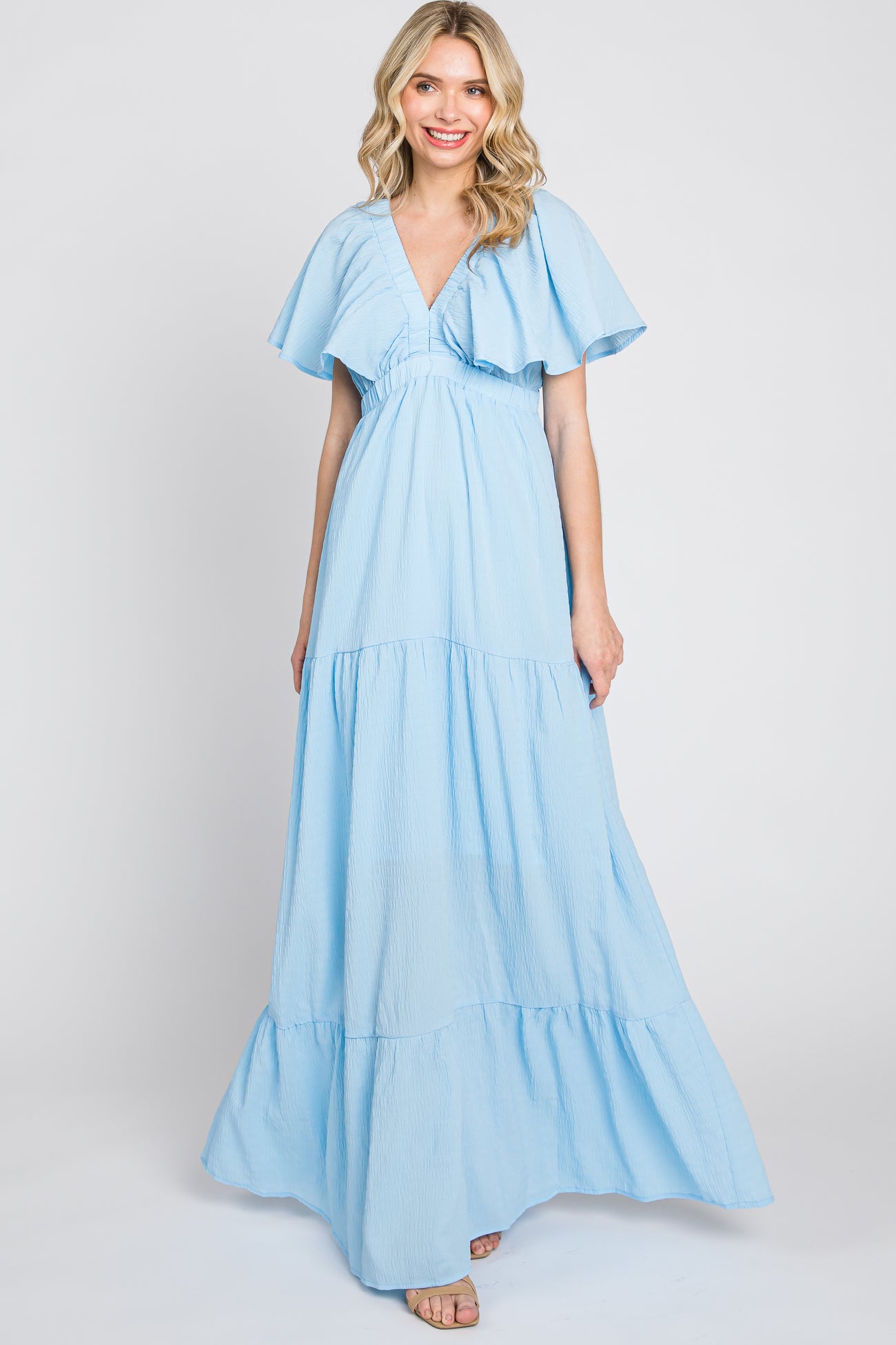 Light Blue Crepe Flounce Sleeve Tiered Maternity Maxi Dress
