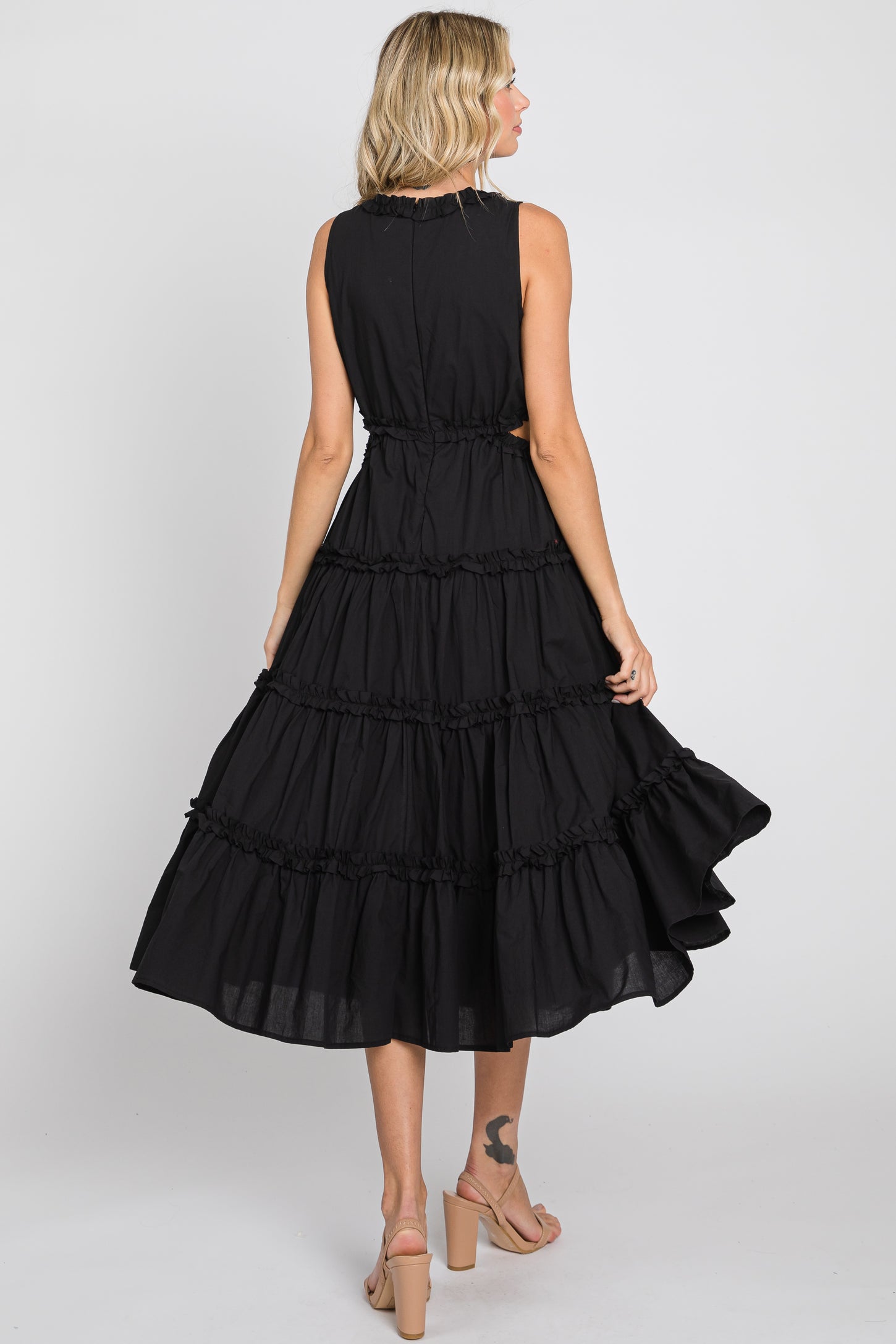 Black Tiered Ruffle Cutout Midi Dress