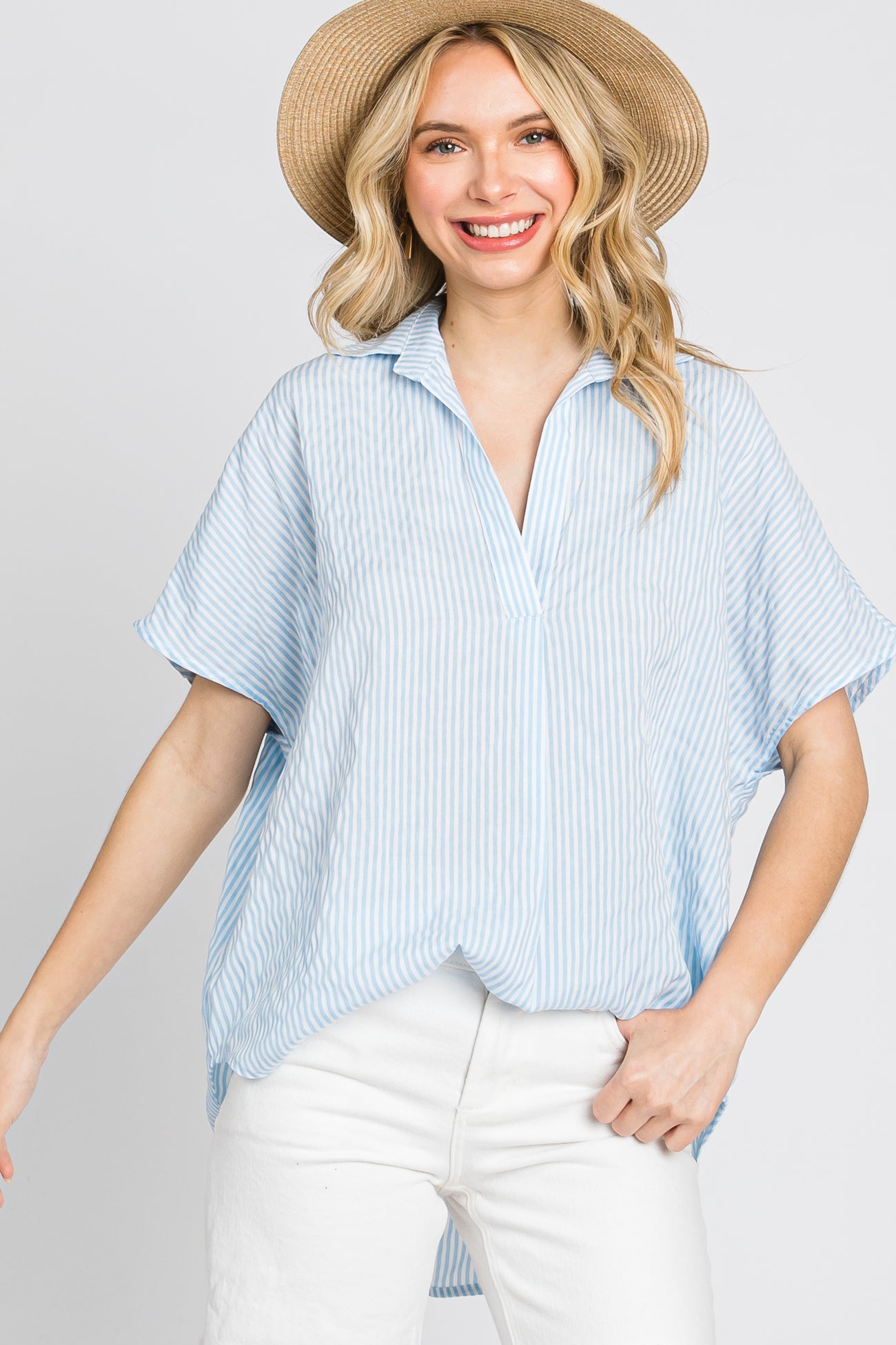Light Blue Collared Short Sleeve Maternity Top