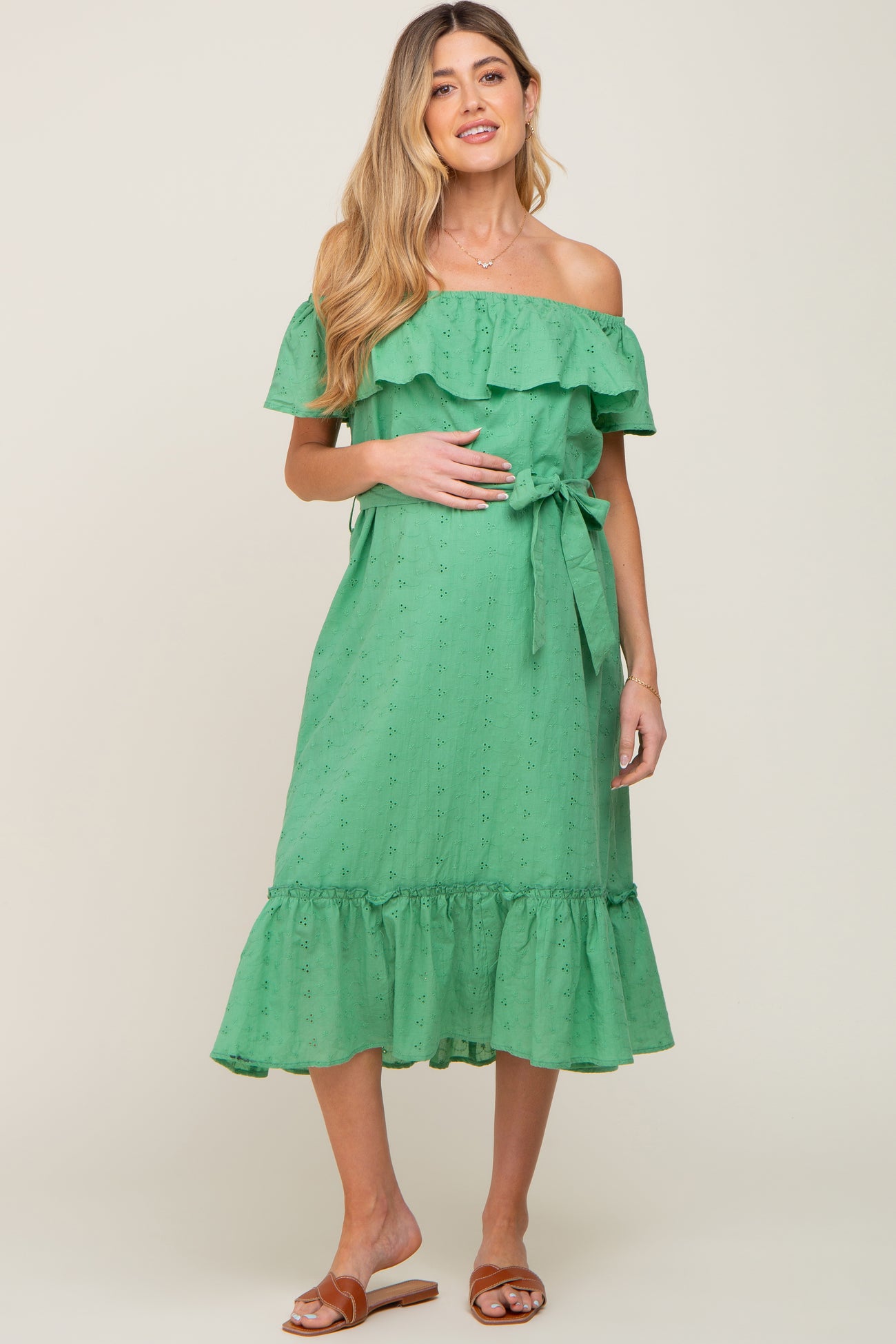 Green Eyelet Embroidered Ruffle Off Shoulder Maternity Midi Dress