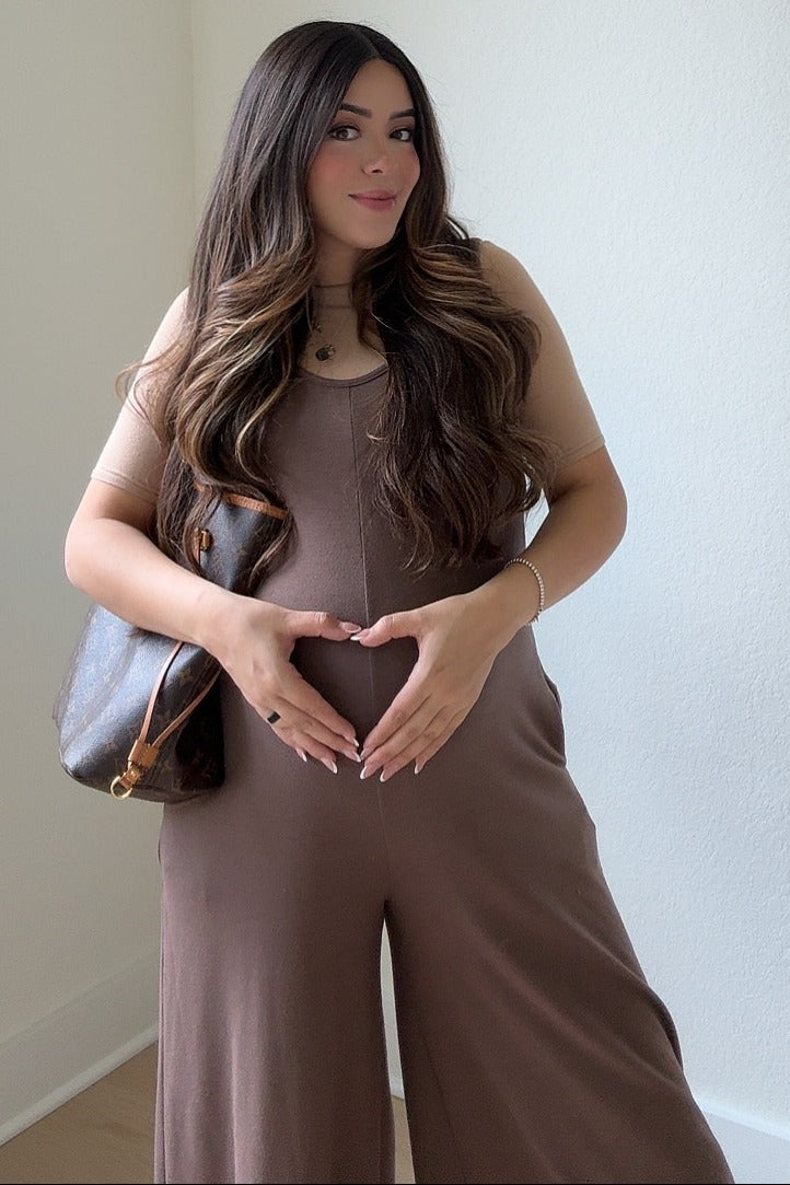 Mocha Wide Leg Sleeveless Maternity Jumpsuit