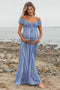 Blue Striped Off Shoulder Front Tie Maternity Maxi Dress