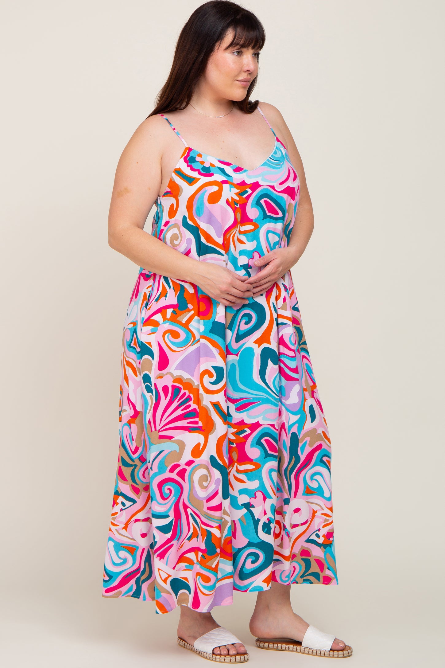 Multi-Color Sleeveless V-Neck Plus Maxi Dress