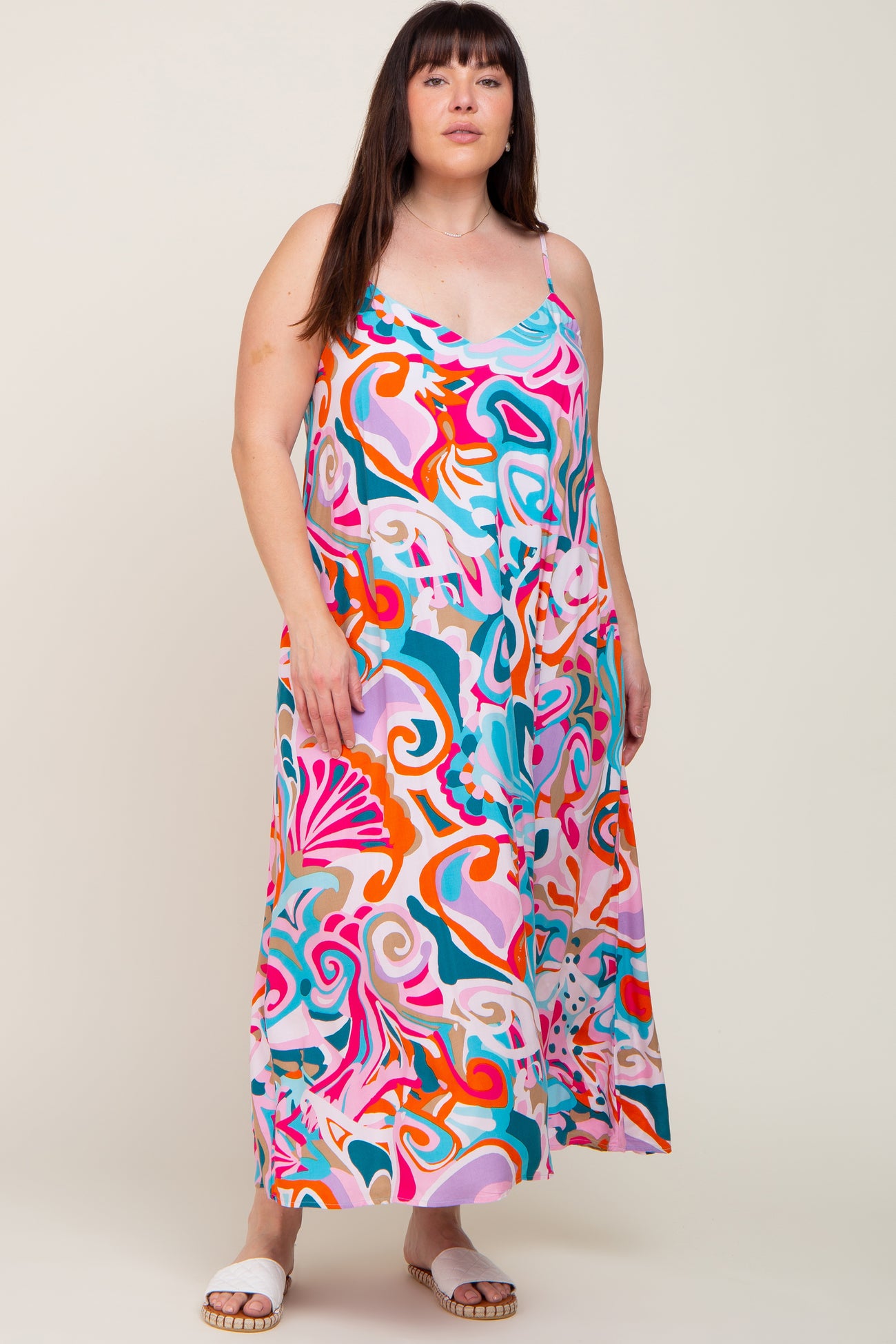 Multi-Color Sleeveless V-Neck Plus Maxi Dress