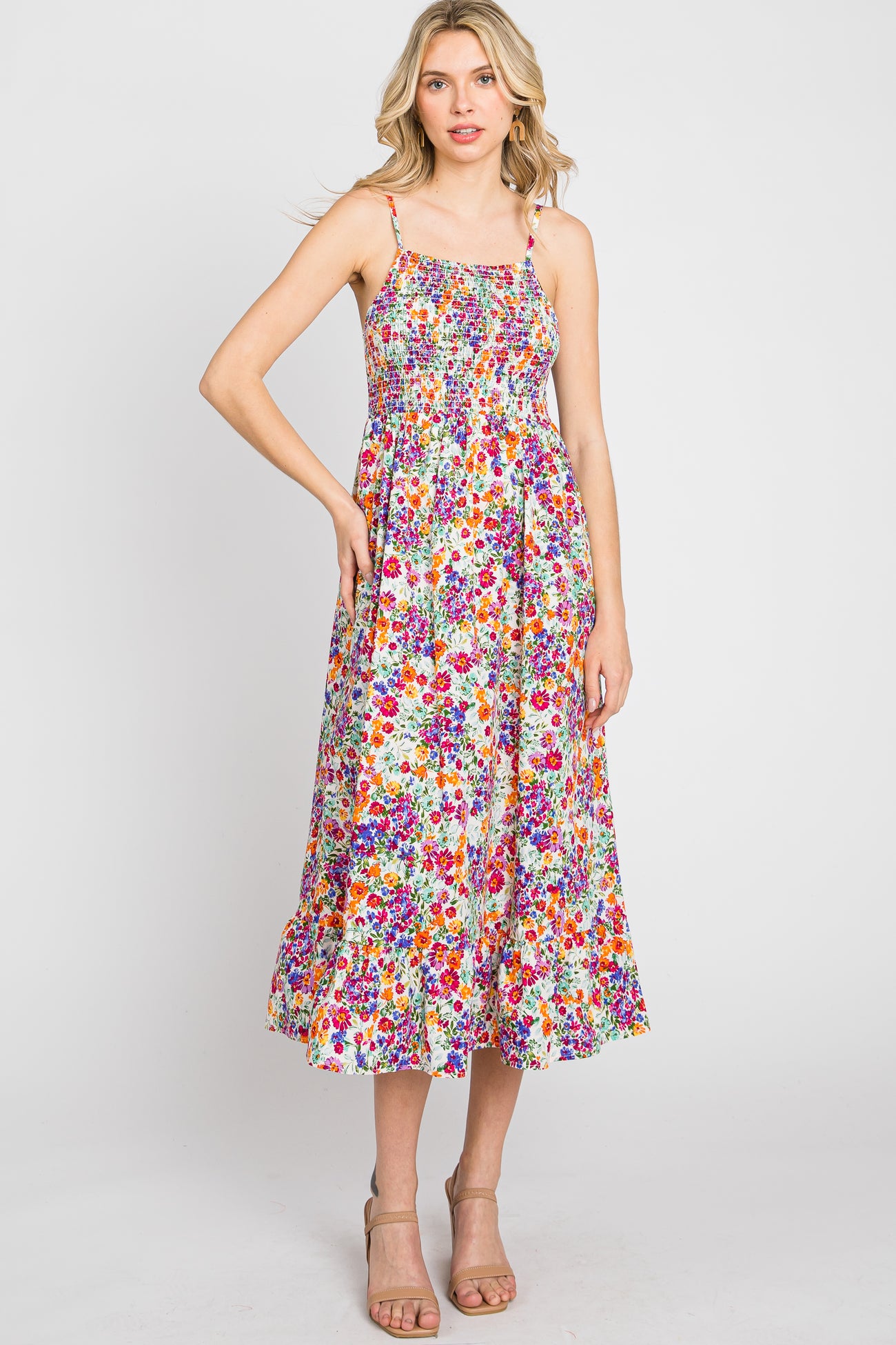 Fuchsia Floral Smocked Maternity Midi Dress
