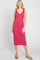 woman wearing a sleeveless magenta ribbed midi dress with shoulder ties and tan sandals