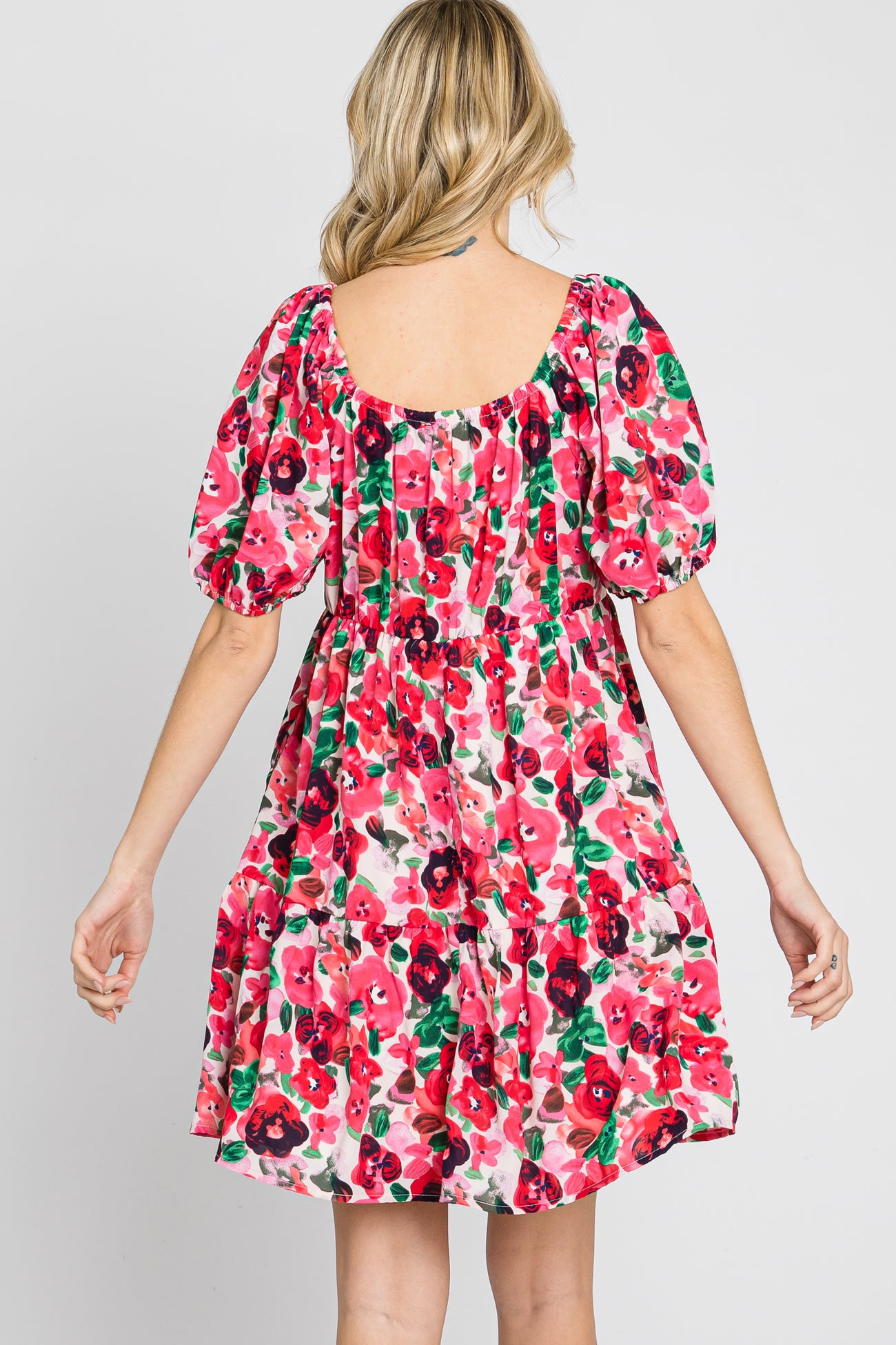 Pink Floral Sweetheart Neck Short Puff Sleeve Dress