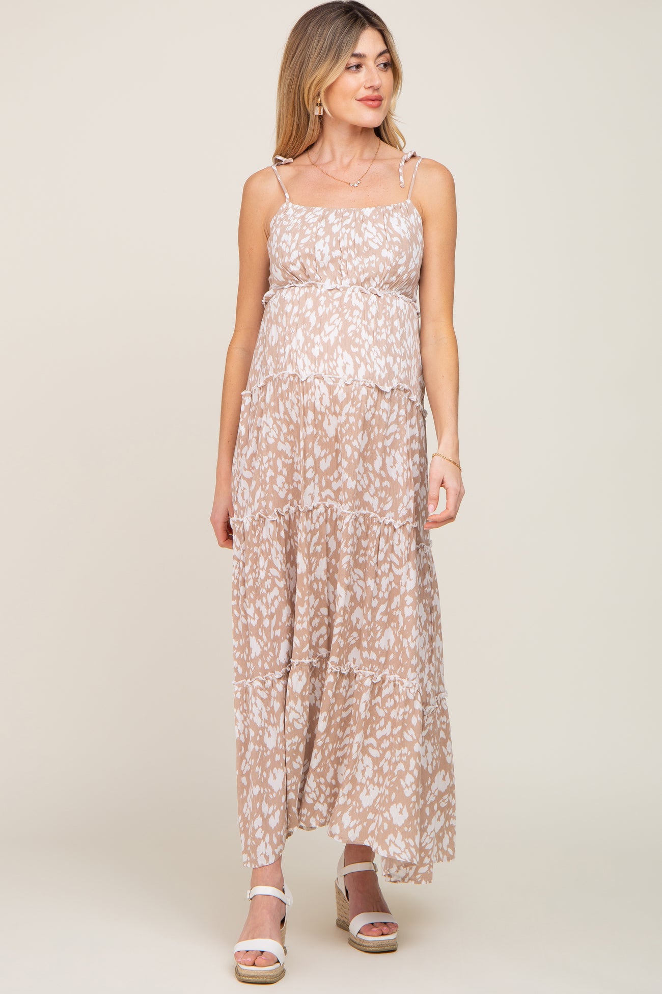 Taupe Animal Print Tiered Maternity Maxi Dress