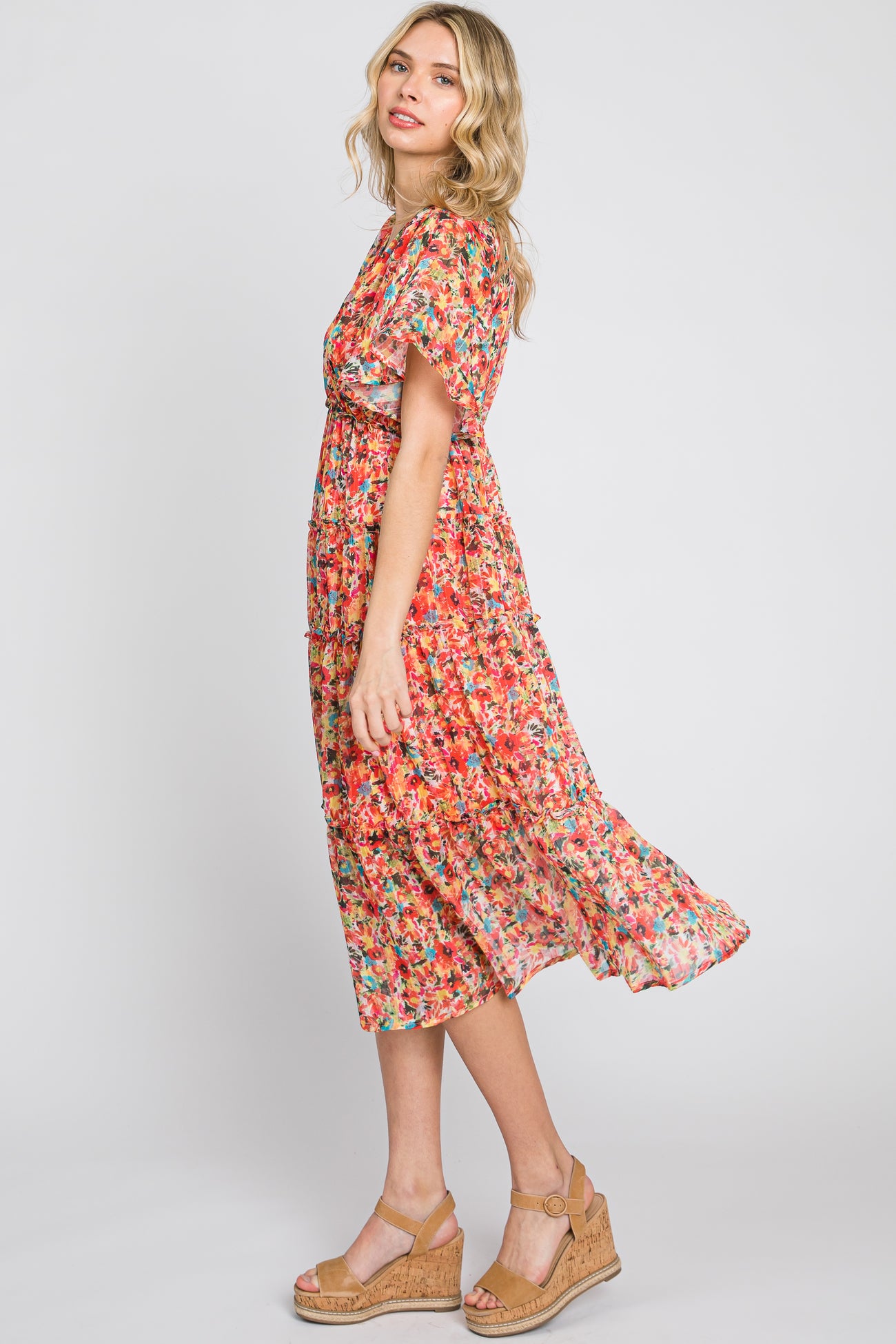 Orange Metallic Striped Chiffon Ruffle Tiered Midi Dress