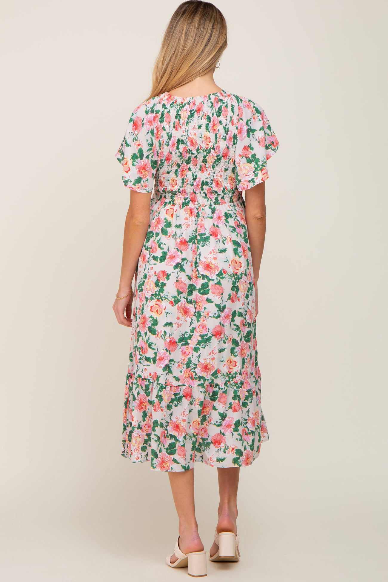 Cream Floral Smocked Flutter Sleeve Maternity Midi Dress