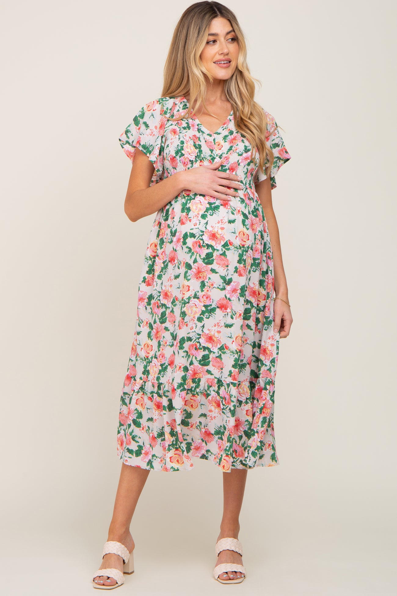 Cream Floral Smocked Flutter Sleeve Maternity Midi Dress