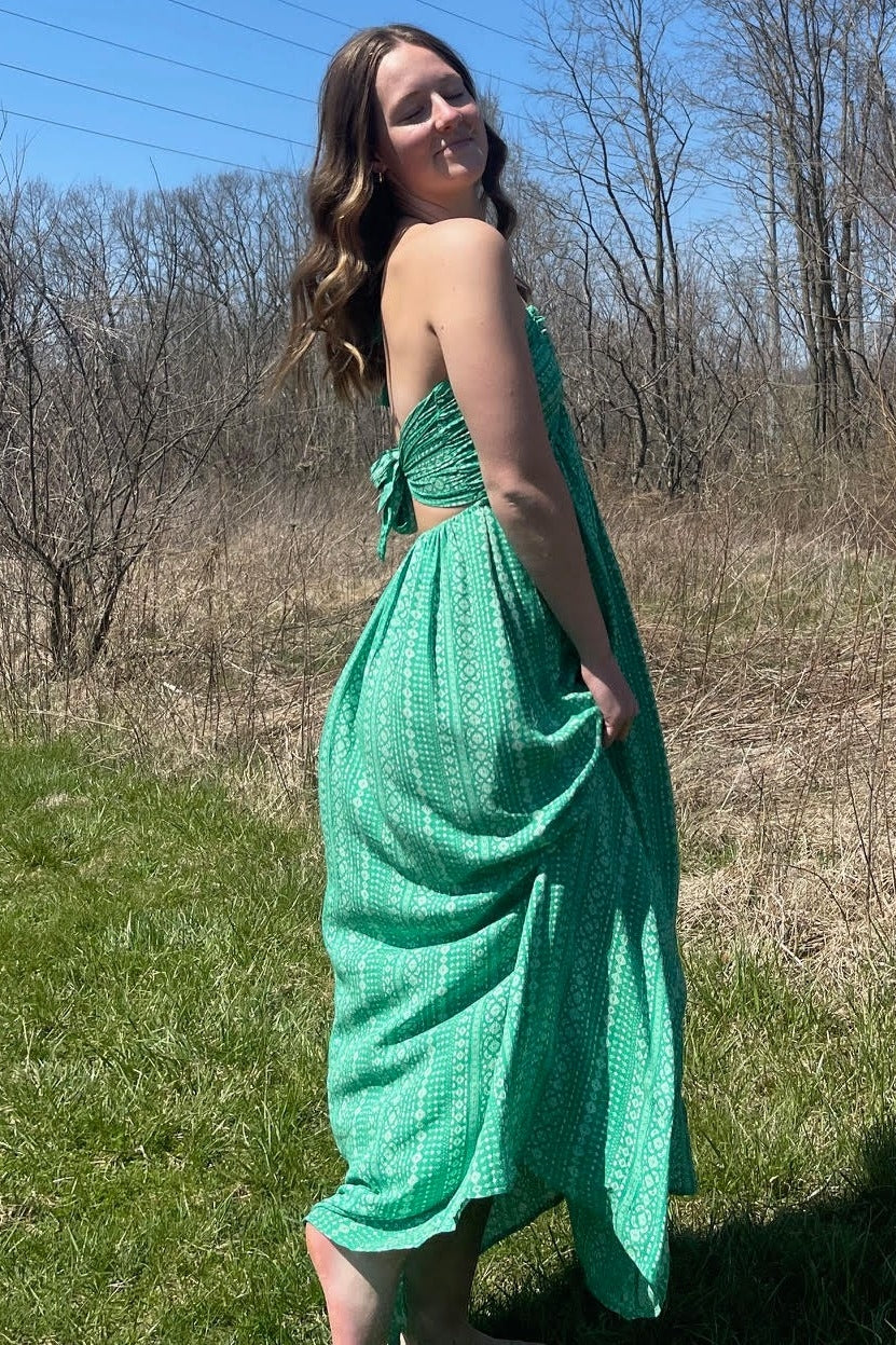 Green Halter Printed Side Slit Maxi Dress