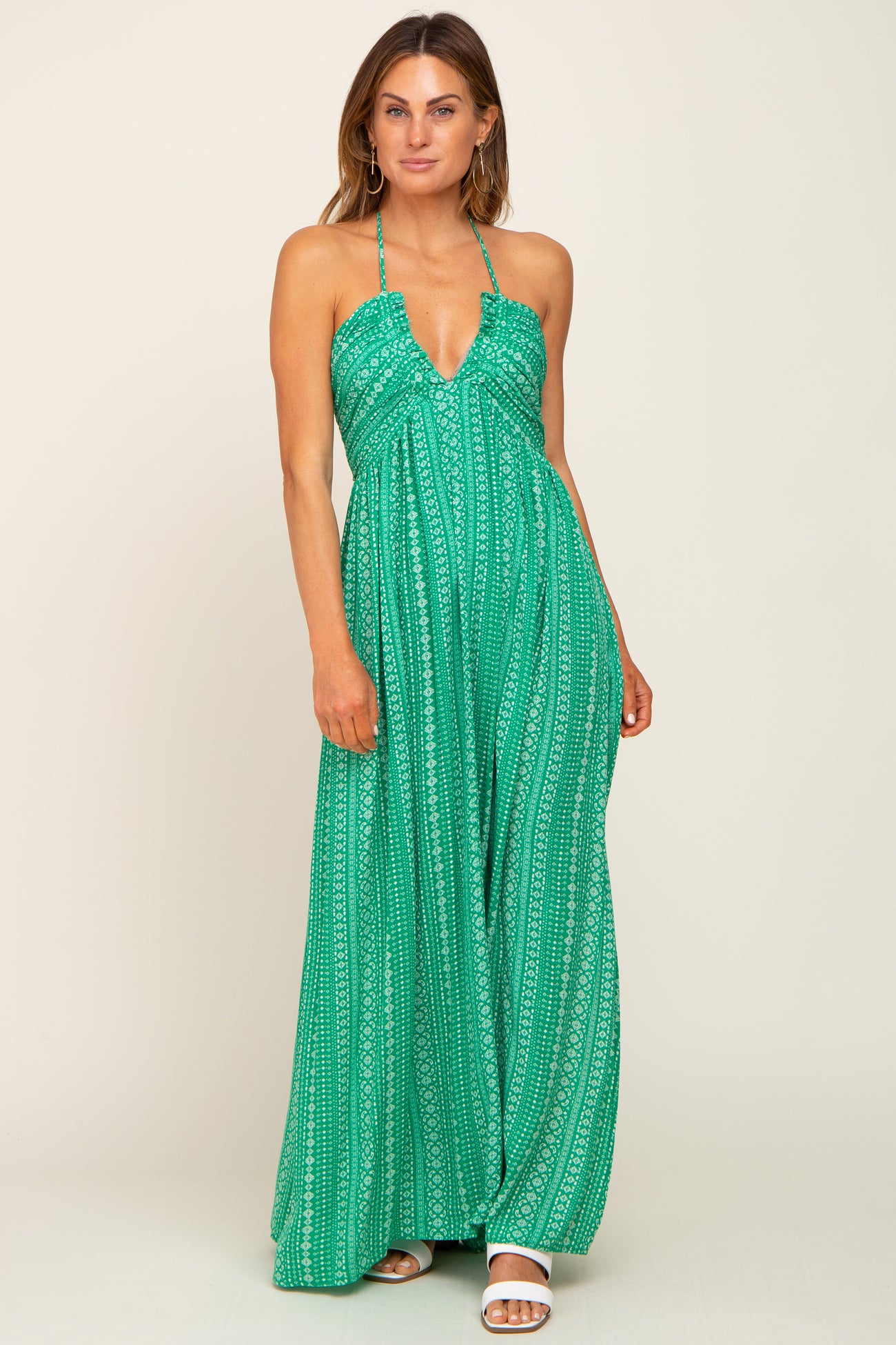 Green Halter Printed Side Slit Maxi Dress