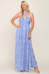 Blue Floral Halter Neck Maternity Maxi Dress
