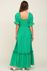 Green Puff Sleeve Ruffle Accent Maxi Dress