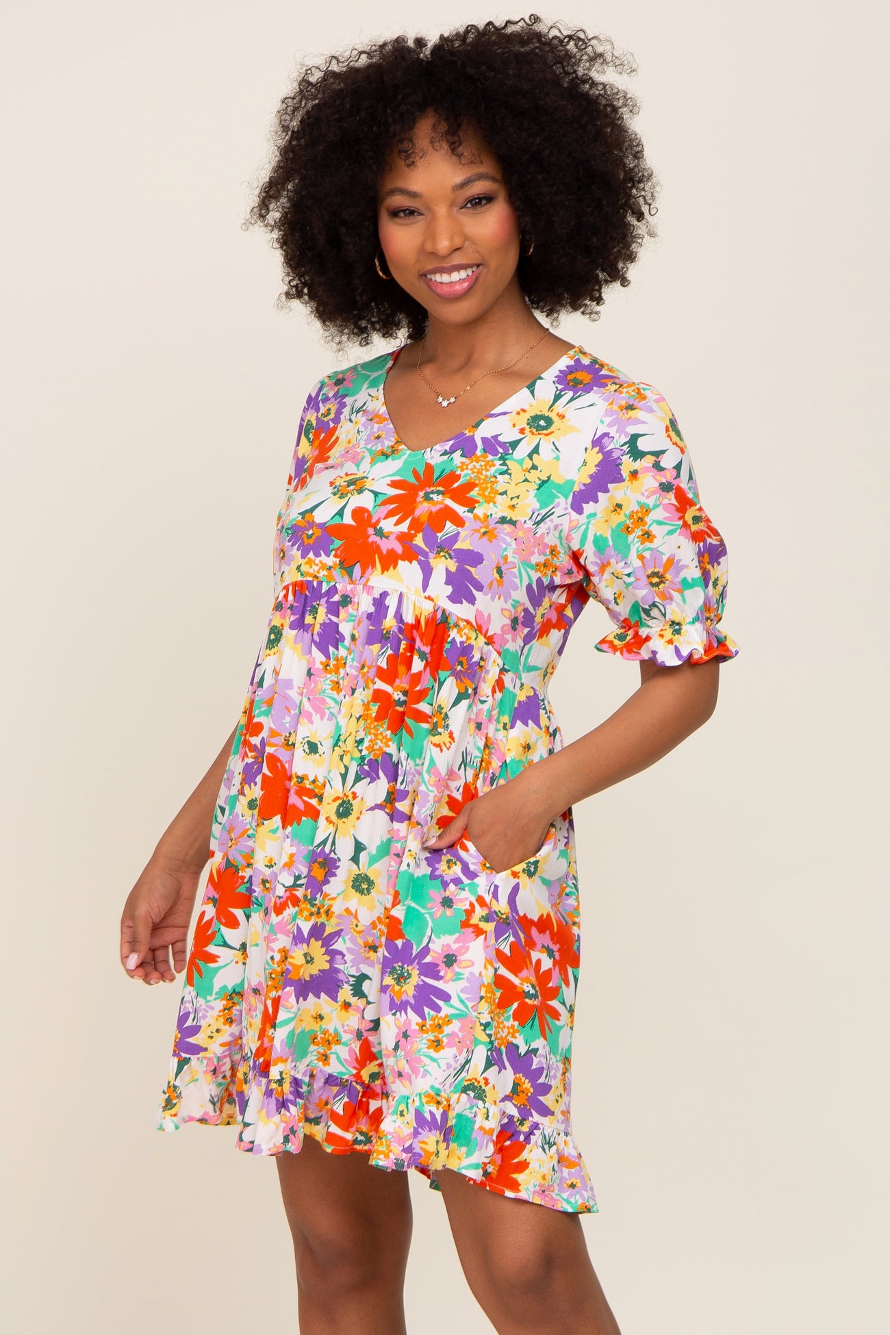 Ivory Floral V-Neck Puff Sleeve Dress