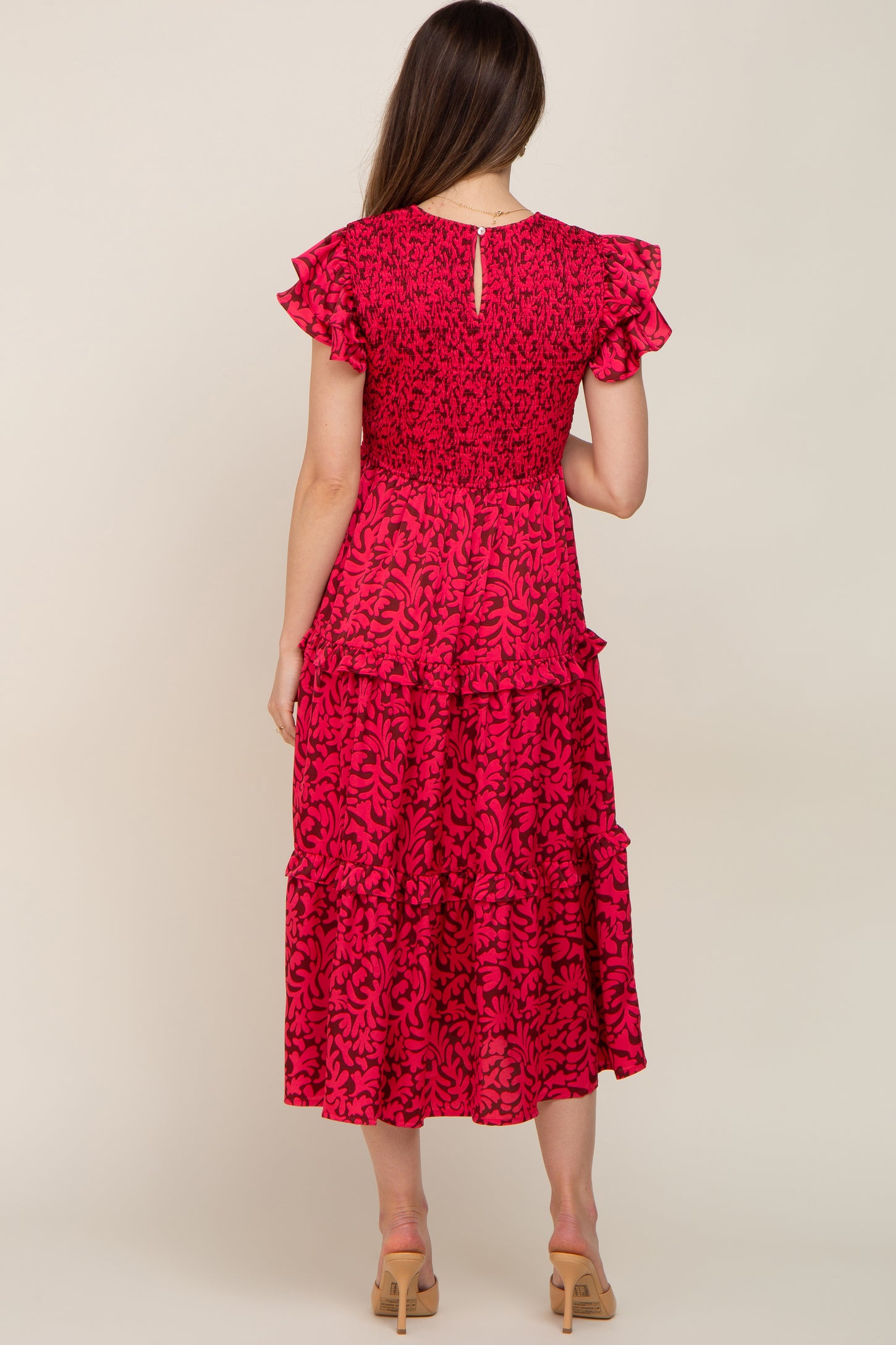 Fuchsia Print Smocked Ruffle Tiered Maternity Midi Dress