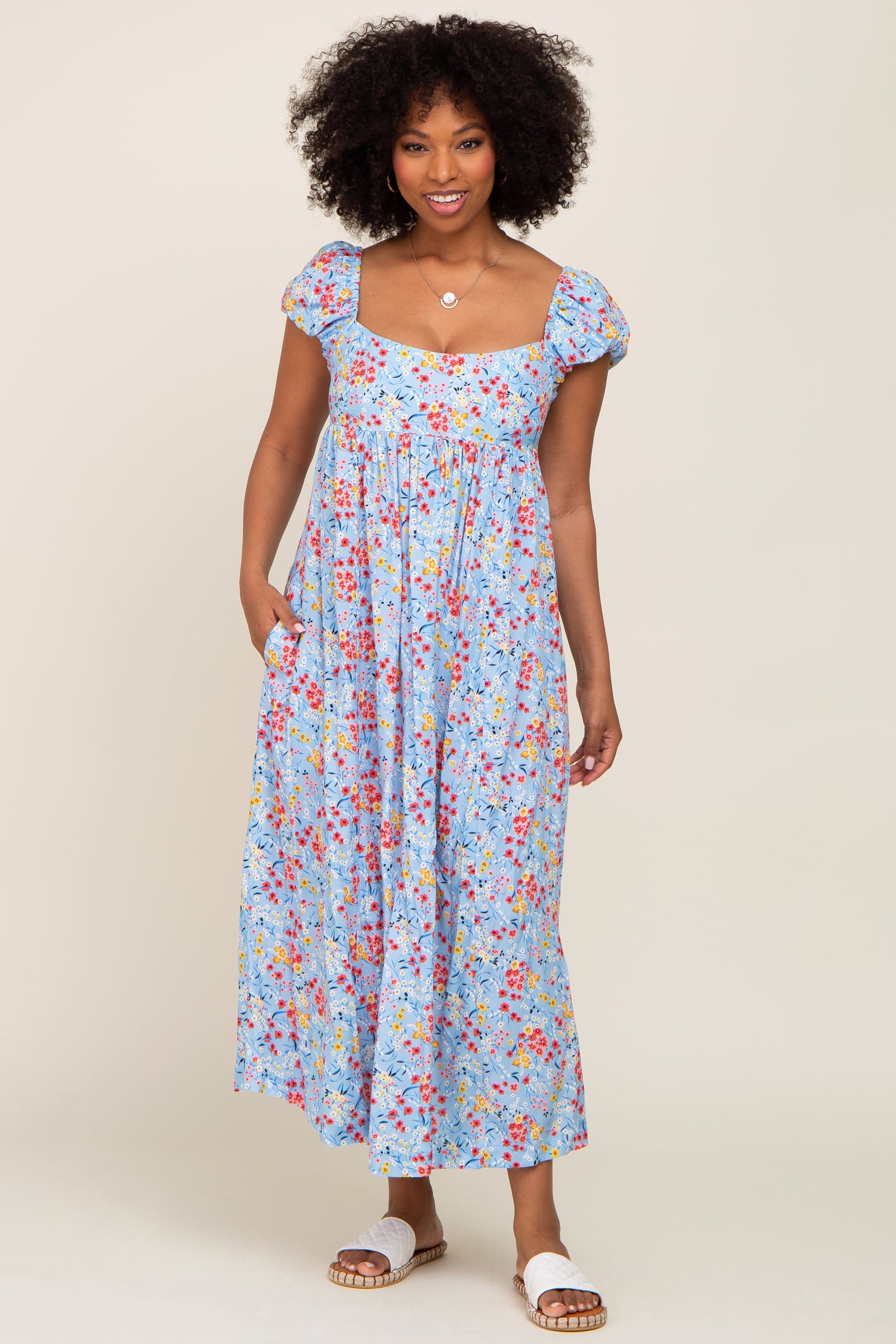 Light Blue Floral Back Cutout Maternity Midi Dress