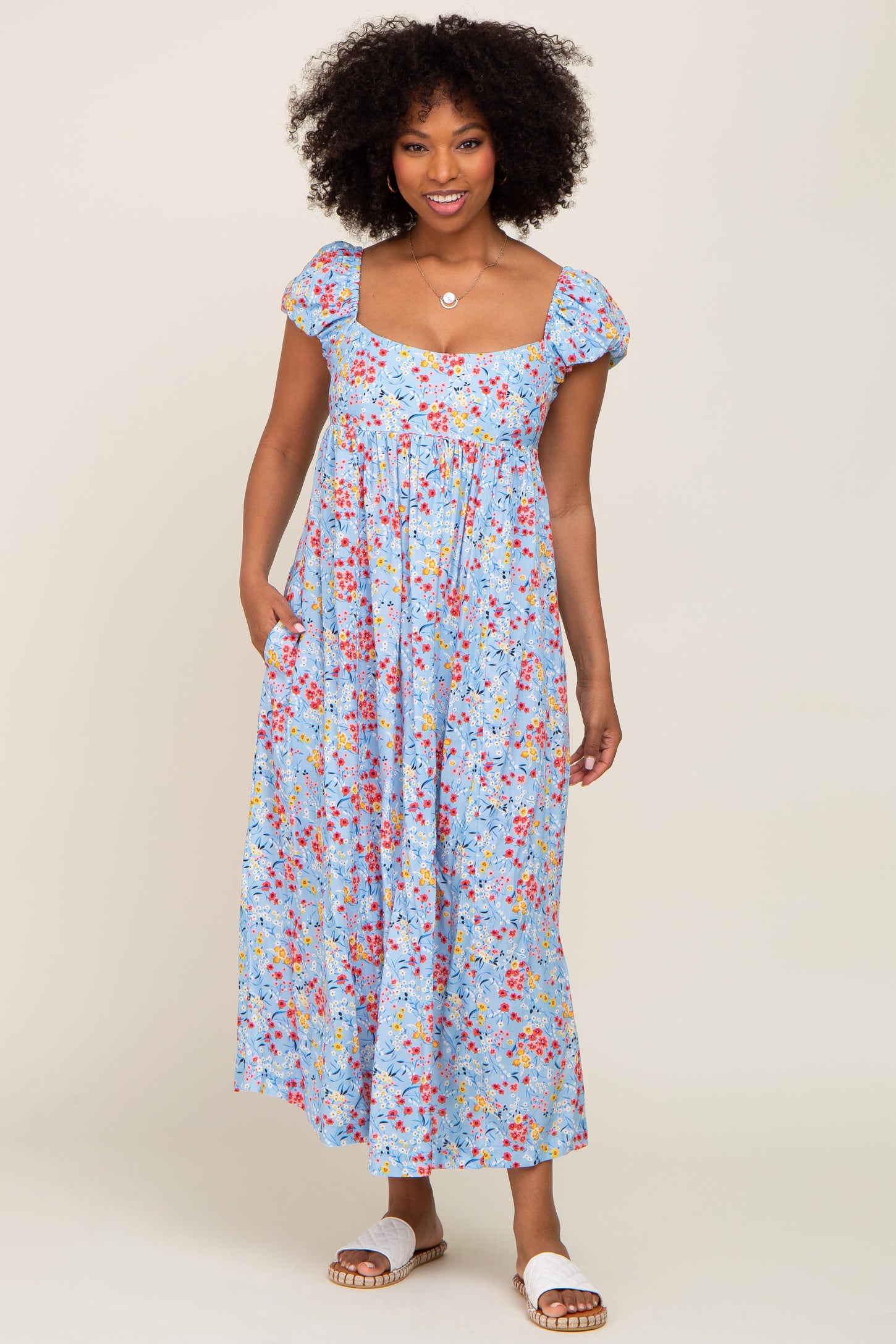 Light Blue Floral Back Cutout Midi Dress
