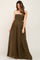 pregnant woman wearing olive green strapless smocked maternity maxi dress