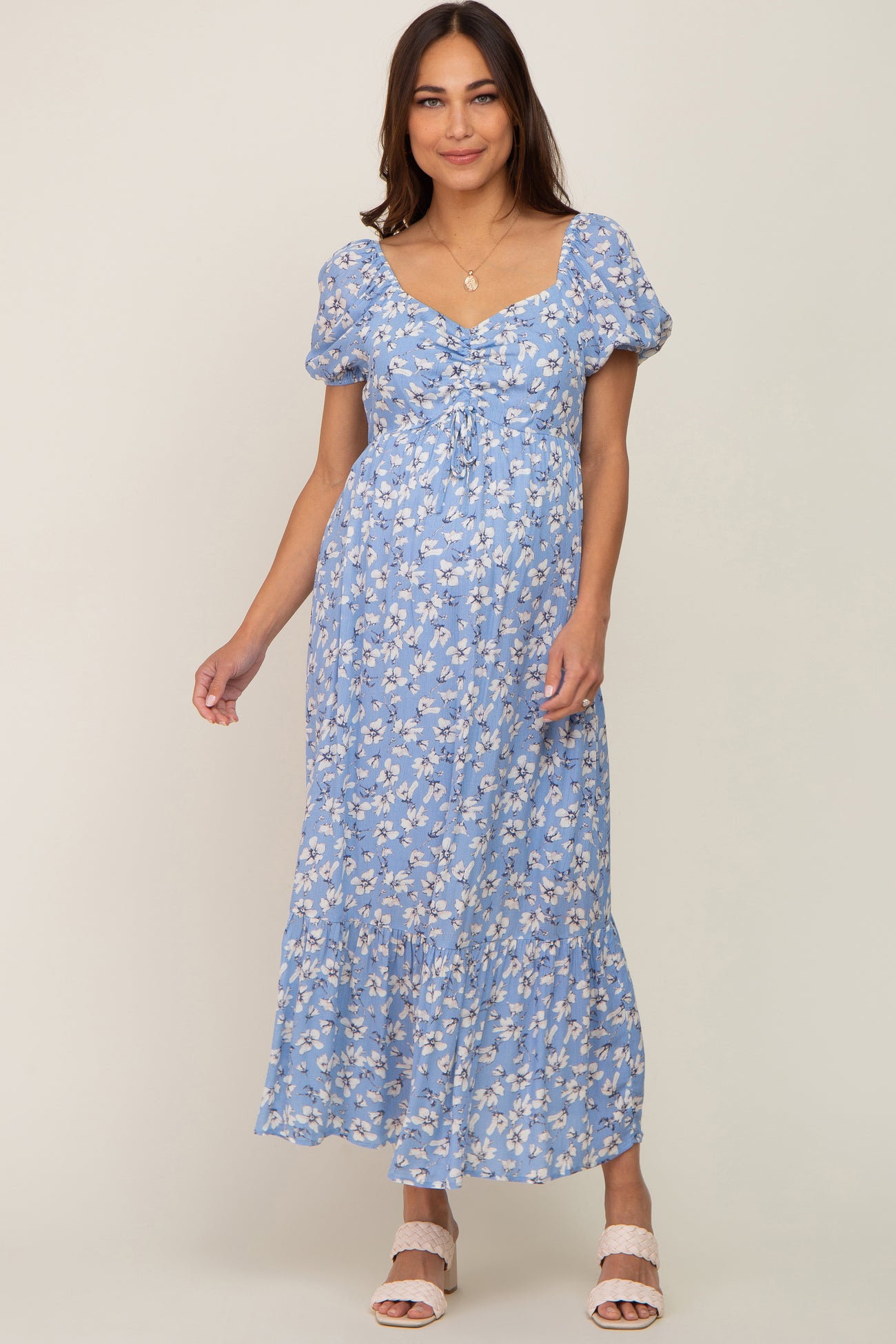 Blue Floral Sweetheart Drawstring Neck Short Sleeve Maternity Midi Dress